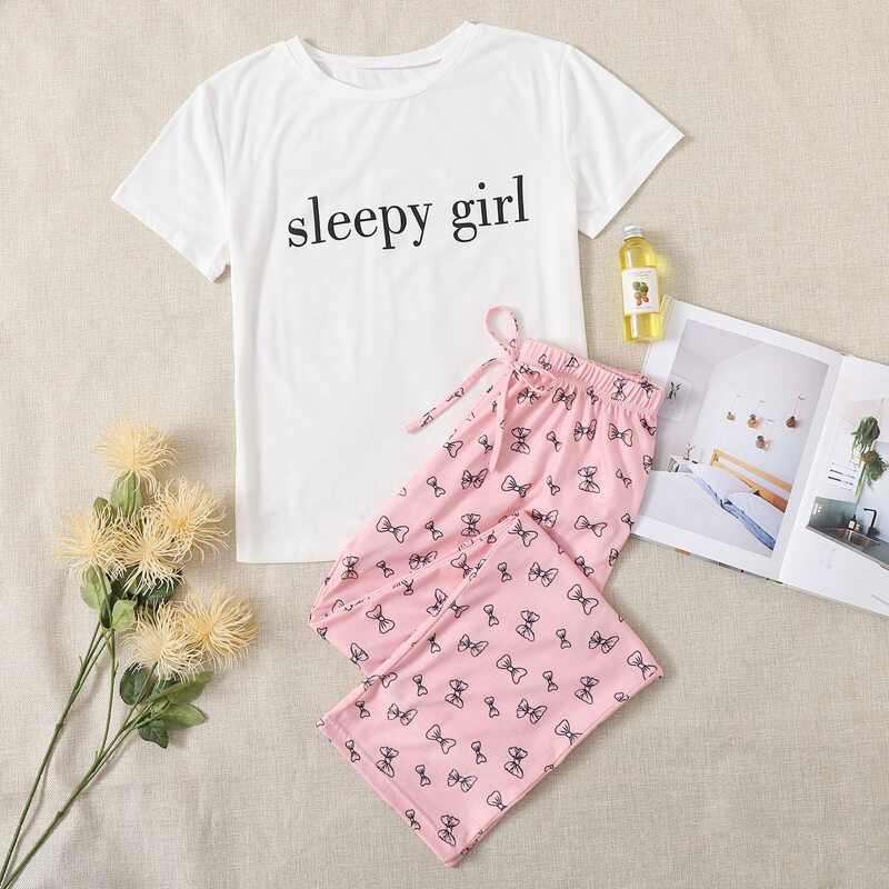 

Letter And Bow Print Short Sleeve PJ Set, Multicolor