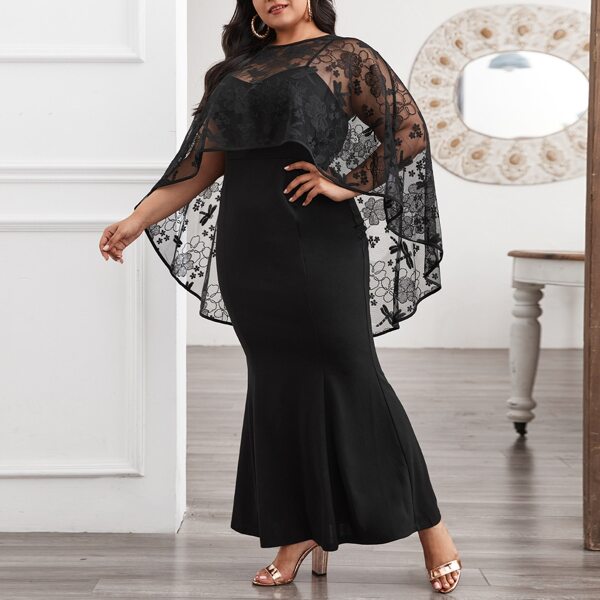 

Plus Fishtail Hem Cami Dress With Embroidered Mesh Cape, Black