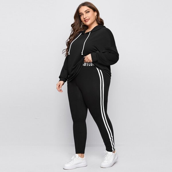 

Plus Drawstring Detail Hoodie & Letter Tape Waist Striped Side Leggings Set, Black