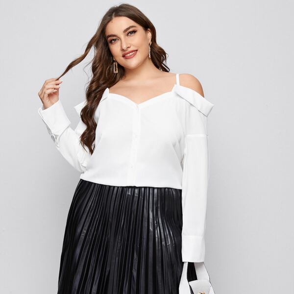 

Plus Cold Shoulder Button Front Blouse, White