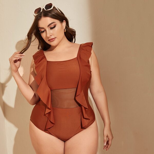 

Plus Ruffle Trim Mesh Insert One Piece Swimsuit, Brown