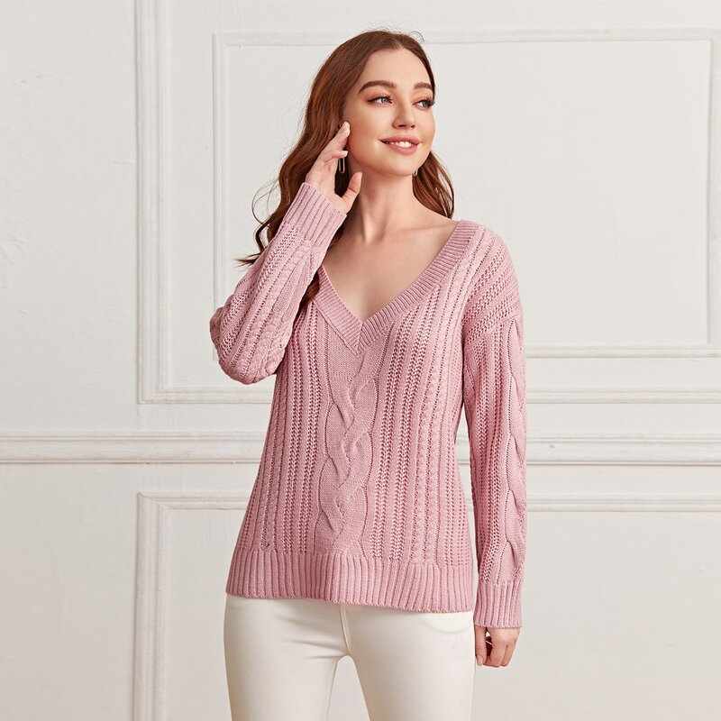 

V Neck Drop Shoulder Sweater, Pastel baby pink
