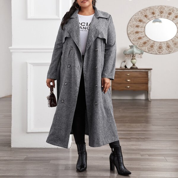 

Plus Double Breasted Belted Linen Look Trench Coat, Grey