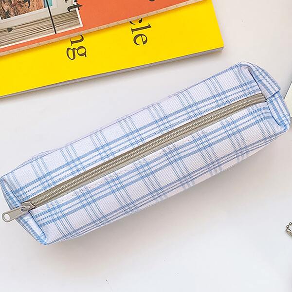 

1pc Plaid Pattern Pencil Case, Blue