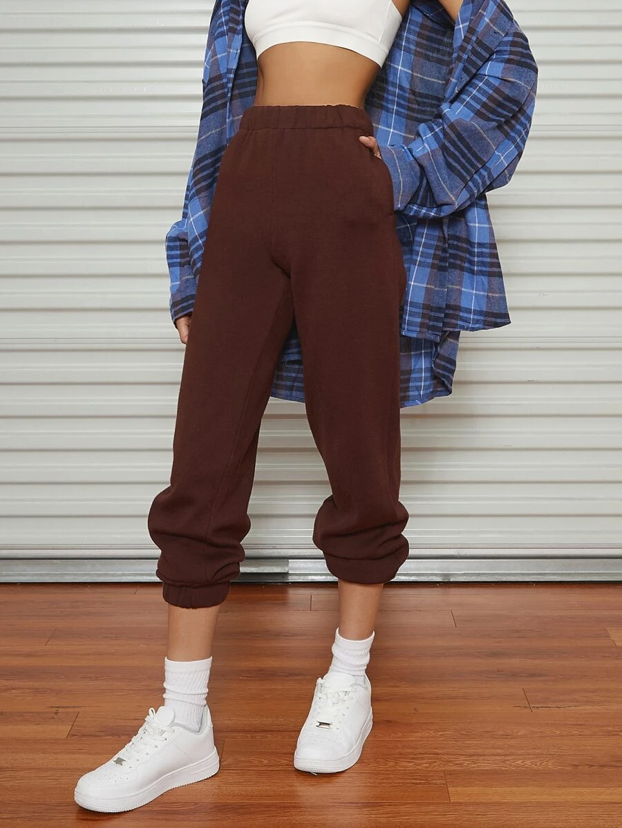 SHEIN Slant Pocket Solid Joggers - Chocolate Brown - View 1