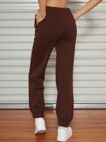 SHEIN Slant Pocket Solid Joggers - Chocolate Brown - View 2