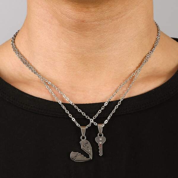

2pcs Men Key Pendant Necklace, Silver