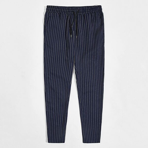 

Men Drawstring Waist Striped Pants, Navy blue