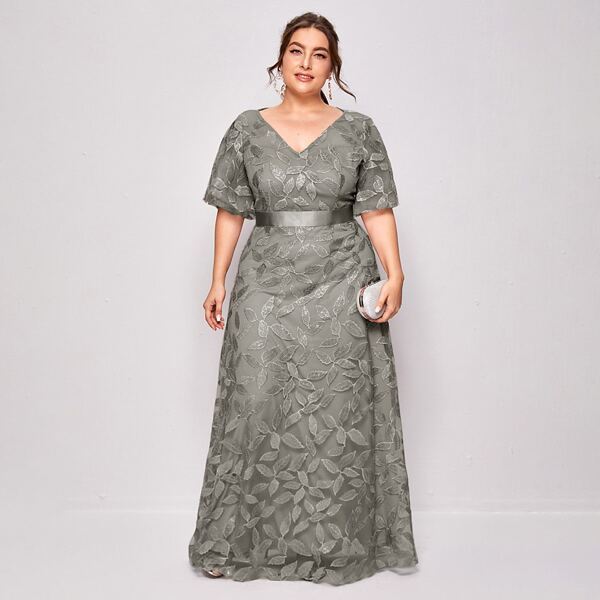 

Plus Leaf Embroidery Mesh Overlay Maxi Dress, Grey