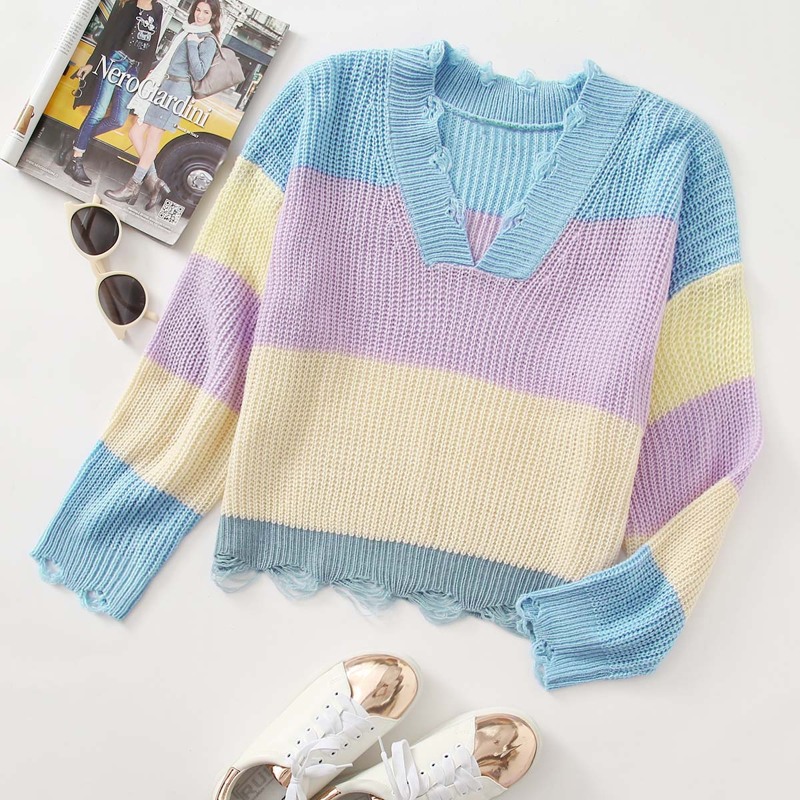 

V-neck Ripped Detail Colorblock Sweater, Multicolor