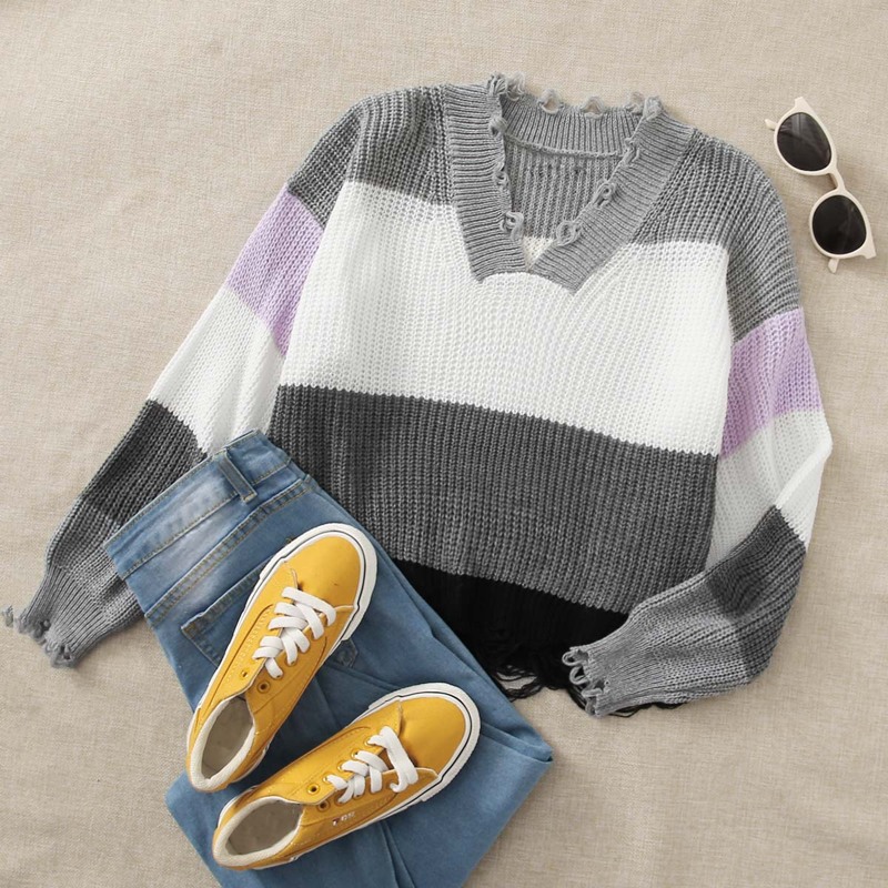 

V-neck Ripped Detail Colorblock Sweater, Multicolor