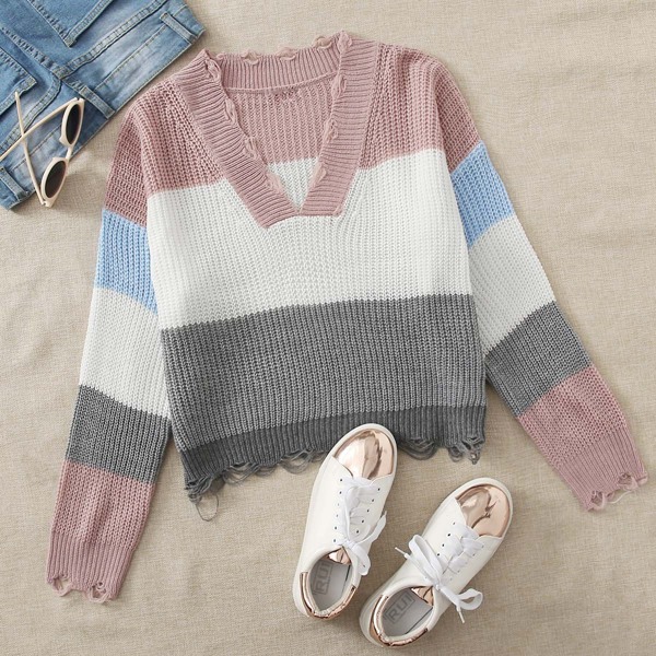 

V-neck Ripped Detail Colorblock Sweater, Multicolor
