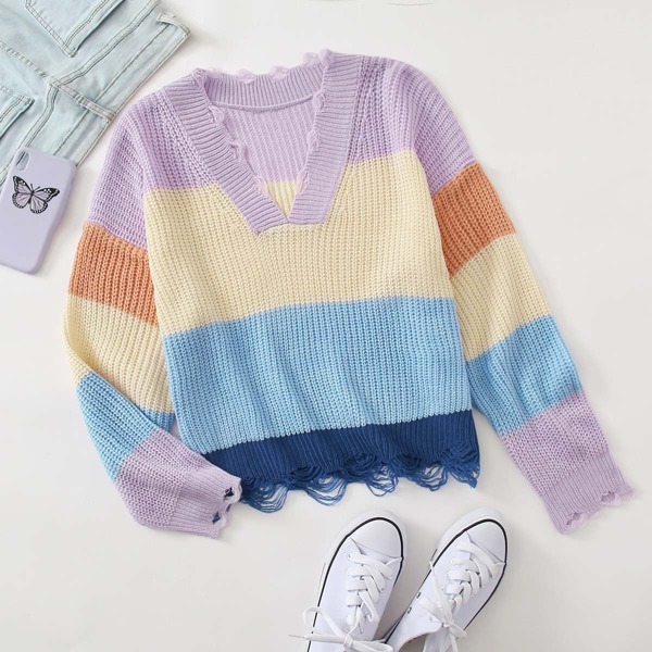 

V-neck Ripped Detail Colorblock Sweater, Multicolor