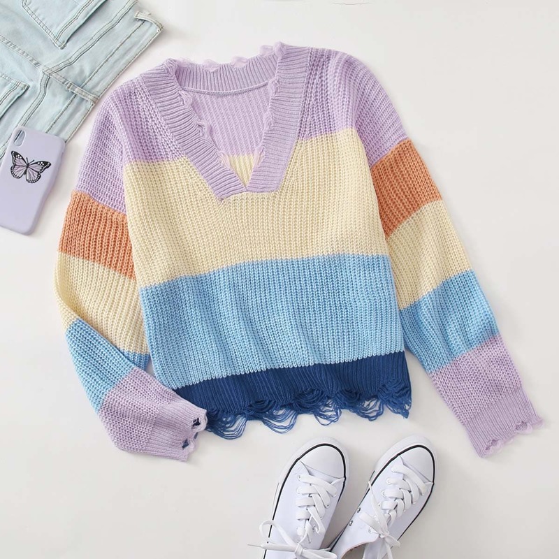 

V-neck Ripped Detail Colorblock Sweater, Multicolor