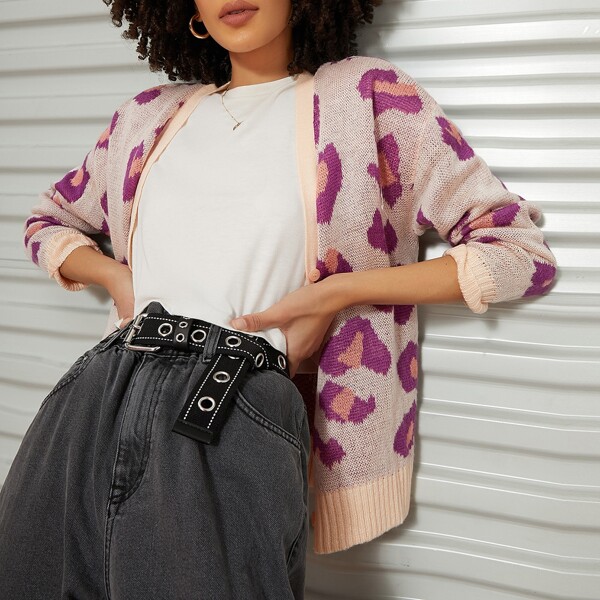 

Single Breasted Leopard Pattern Cardigan, Multicolor