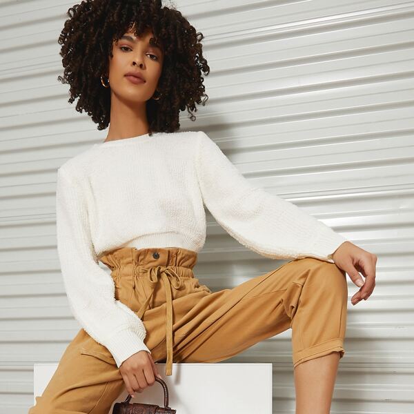 

Solid Crop Sweater, White
