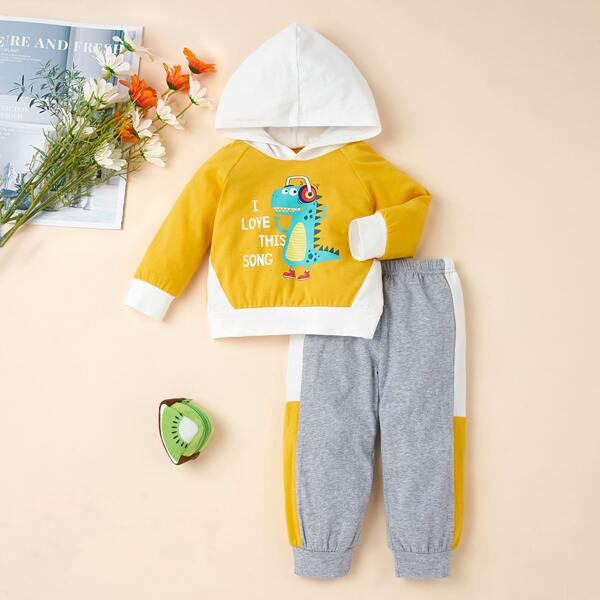 

Baby Boy Cartoon & Slogan Graphic Hoodie With Sweatpants, Multicolor