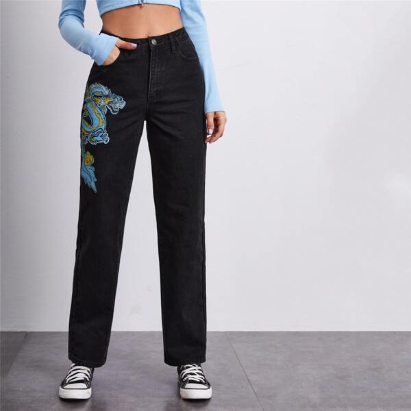 

High Waist Chinese Dragon Graphic Jeans, Black