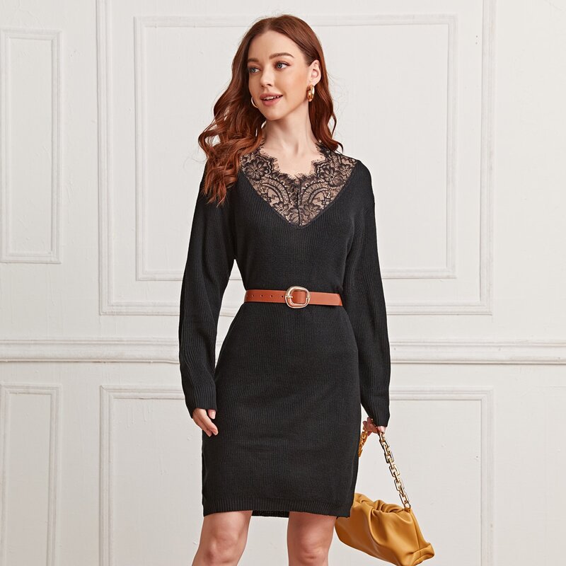 

Eyelash Lace Trim Ribbed Knit Sweater Dress Without Belt, Black