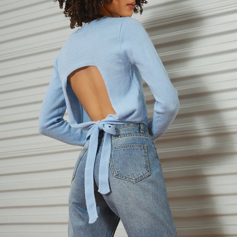 

Tied Open Back Solid Sweater, Pastel baby blue