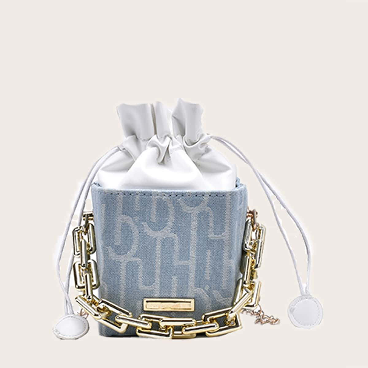 

Letter Graphic Chain Bucket Bag, Baby blue