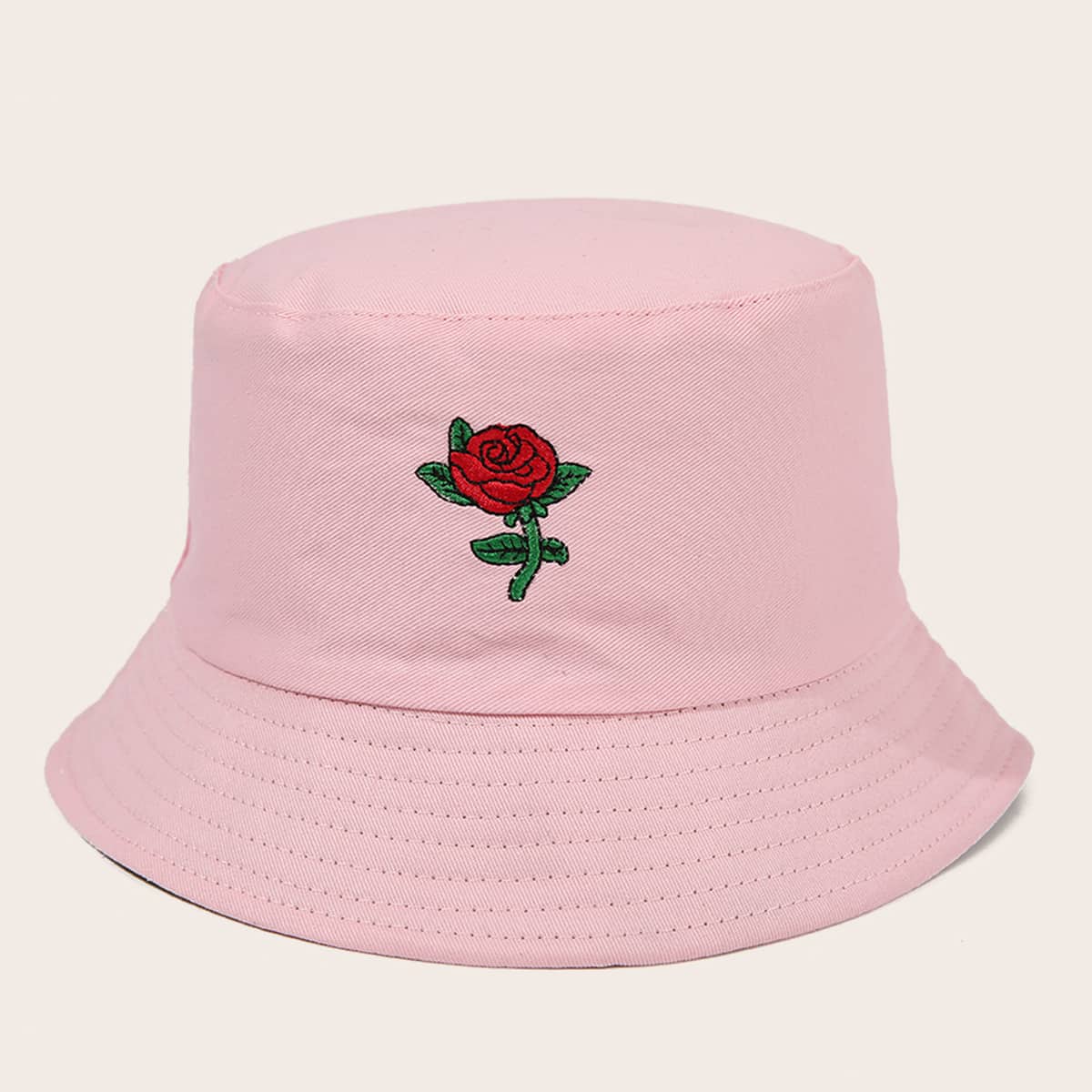 

Rose Embroidery Bucket Hat, Pastel baby pink