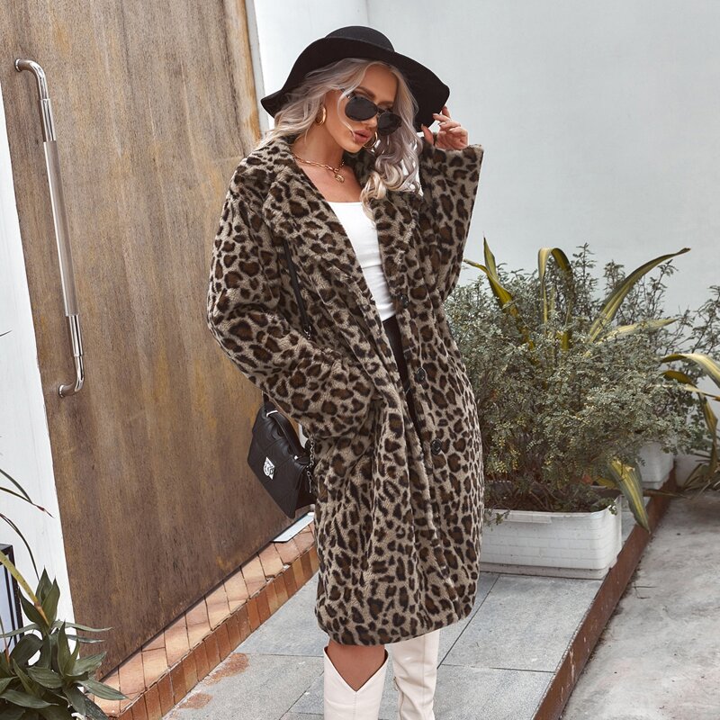 

Lapel Collar Leopard Button Front Flannel Coat, Multicolor