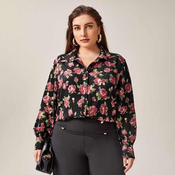 

Plus Allover Print Button Up Blouse, Black