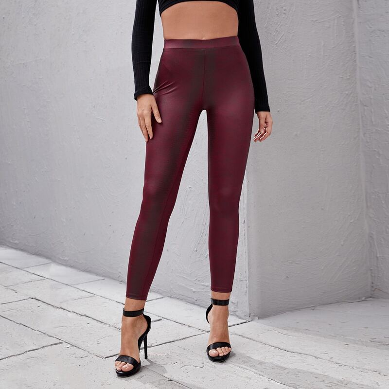 

High Waist PU Leather Skinny Pants, Maroon