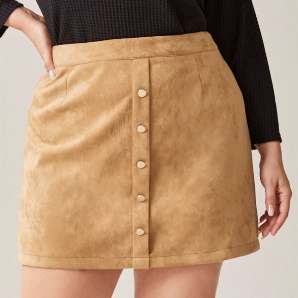 

Plus Button Front Suede Skirt, Camel
