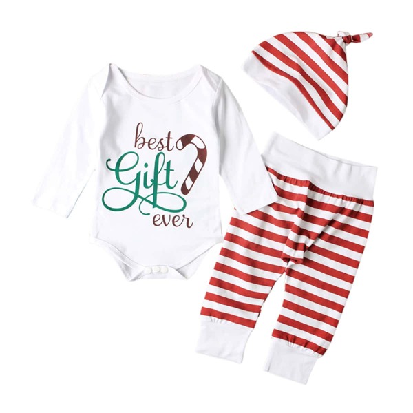 

Baby Unisex Slogan And Striped Print Bodysuit With Pants With Hat, Red and white