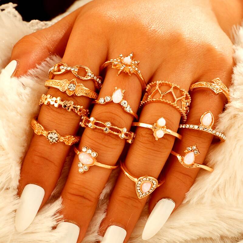 

14pcs Rhinestone Waterdrop Ring, Gold