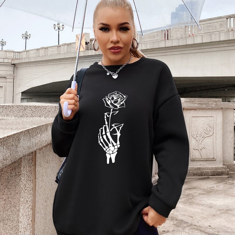 

Skull & Floral Print Oversized Sweatshirt, Black