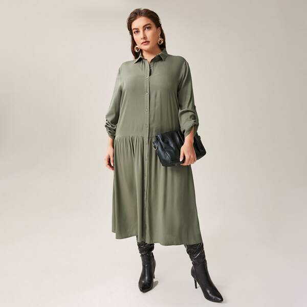 

Plus Button Front Shirt Smock Dress, Army green