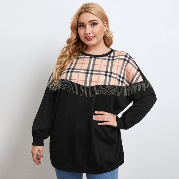 

Plus Plaid Print Fringe Trim Sweatshirt, Black