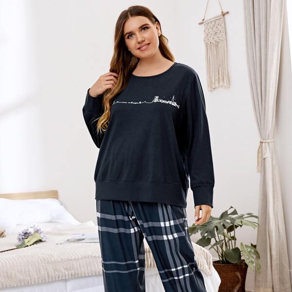 

Plus Plaid And Building Graphic Pajama Set, Navy blue