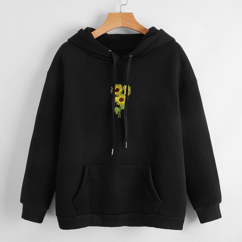 

Sunflower Embroidery Hoodie, Black
