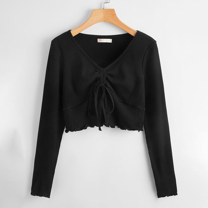 

Lettuce Edge Drawstring Crop Tee, Black