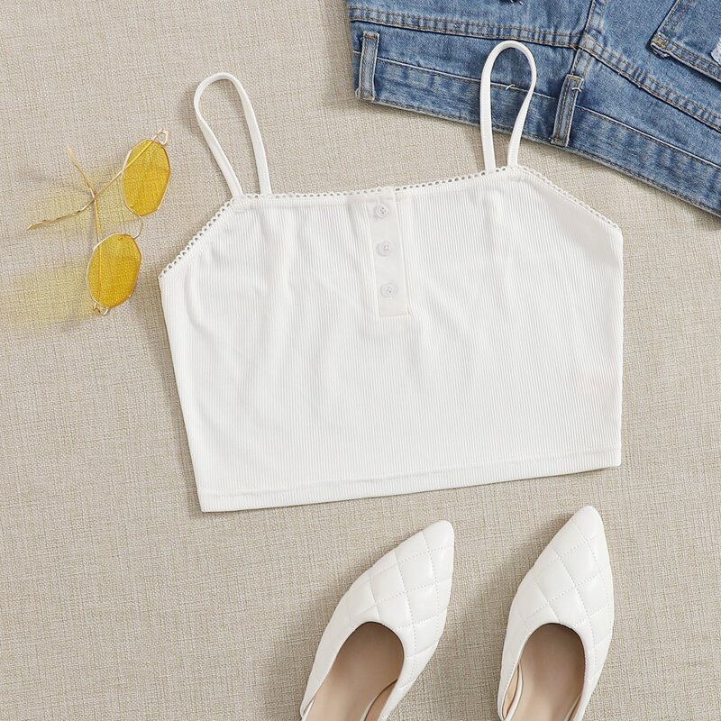 

Button Ribbed Crop Cami, White