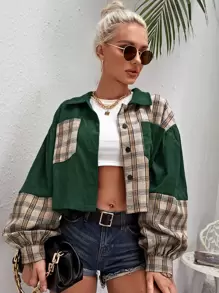 SHEIN EZwear Tartan Panel Corduroy Crop Shacket - Dark Green - View 1