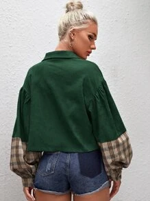 SHEIN EZwear Tartan Panel Corduroy Crop Shacket - Dark Green - View 2