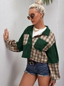 SHEIN EZwear Tartan Panel Corduroy Crop Shacket - Dark Green - View 5