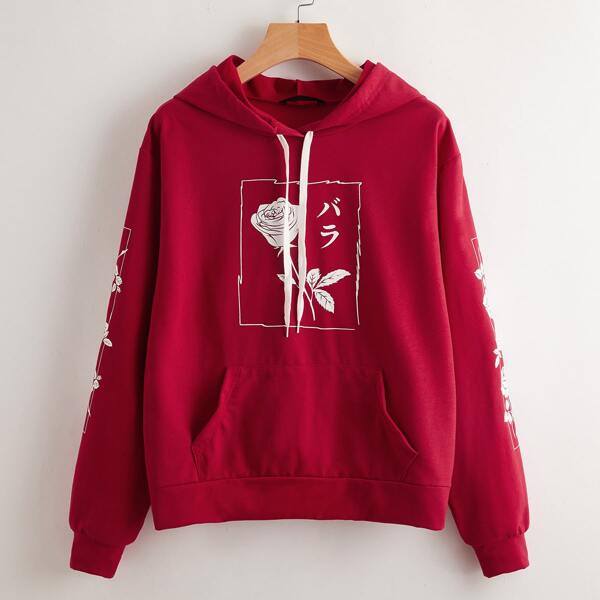 

Japanese Letter And Floral Print Hoodie, Rose red