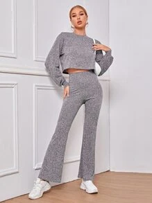 SHEIN Rib-knit Marled Top & Flare Leg Trousers Set - Grey - View 1