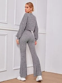 SHEIN Rib-knit Marled Top & Flare Leg Trousers Set - Grey - View 2
