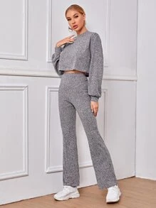 SHEIN Rib-knit Marled Top & Flare Leg Trousers Set - Grey - View 3