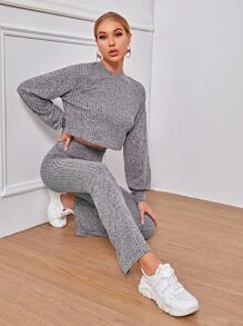 SHEIN Rib-knit Marled Top & Flare Leg Trousers Set - Grey - View 4