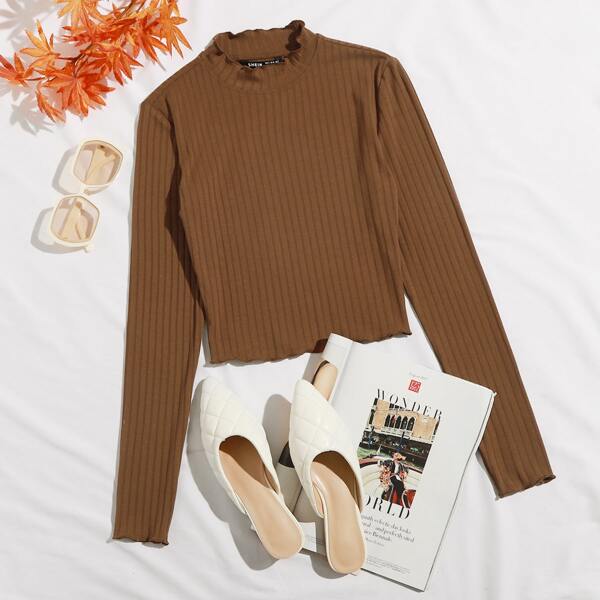 

Lettuce Trim Rib-knit Tee, Brown