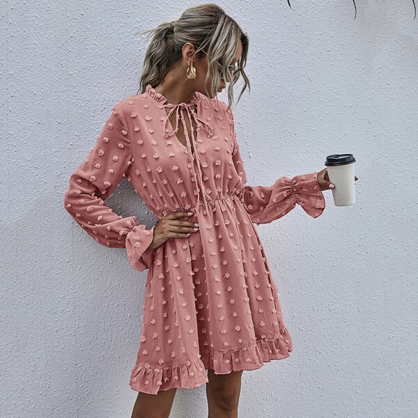 

Swiss Dot Tie Neck A-line Dress, Dusty pink