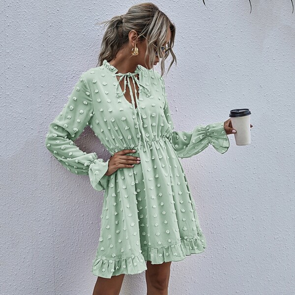 

Swiss Dot Tie Neck A-line Dress, Mint green